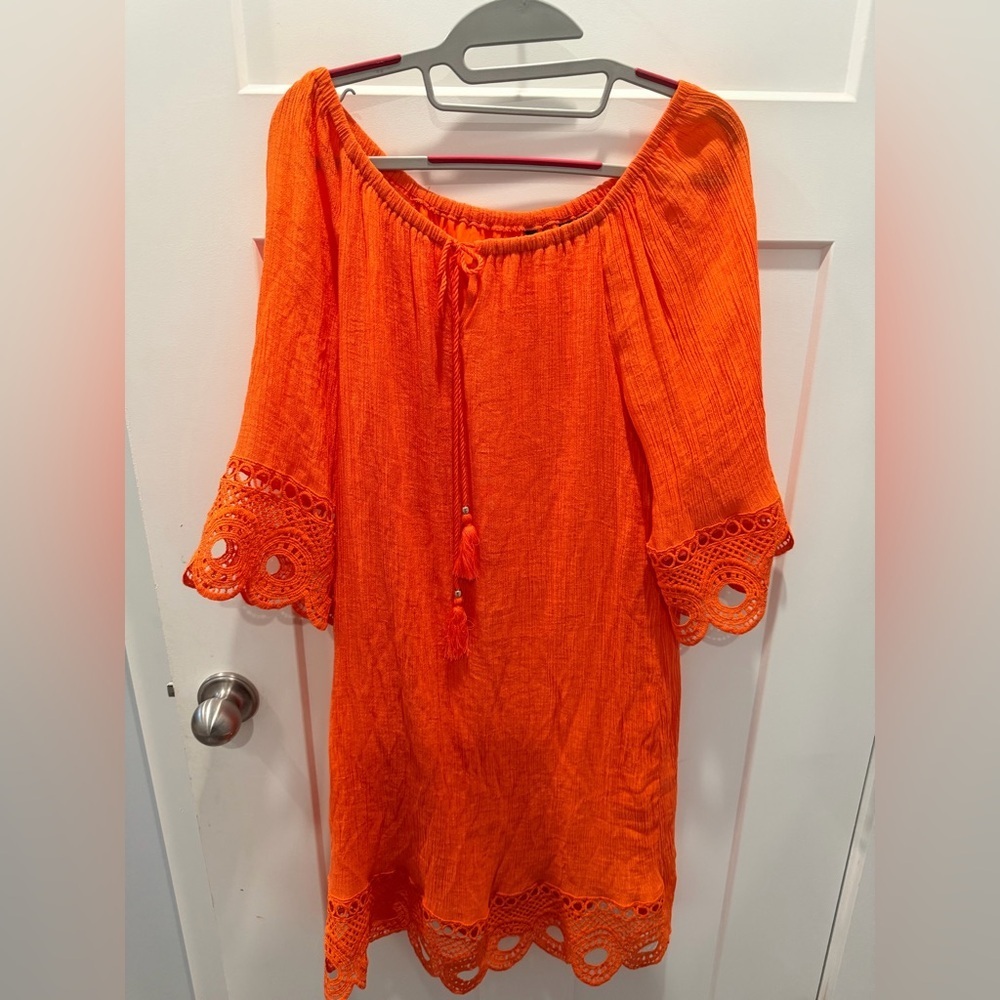 Mlle Gabrielle Orange Crochet Trim Tunic Top Size L Off Shoulder Boho Beach